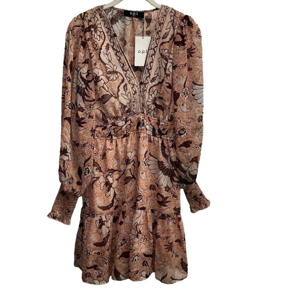 o.p.t. Pink Multi Color Floral Design V Neck Ruched Waist Size XS
